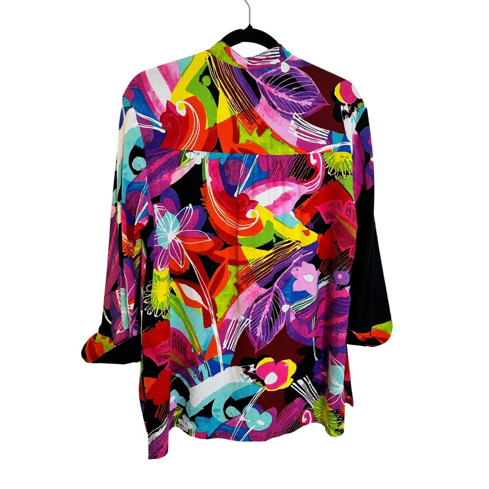 Jams World Hawaii Button Up Shirt Size L Black Floral Caviar Print 3/4 Sleeve - Picture 2 of 10